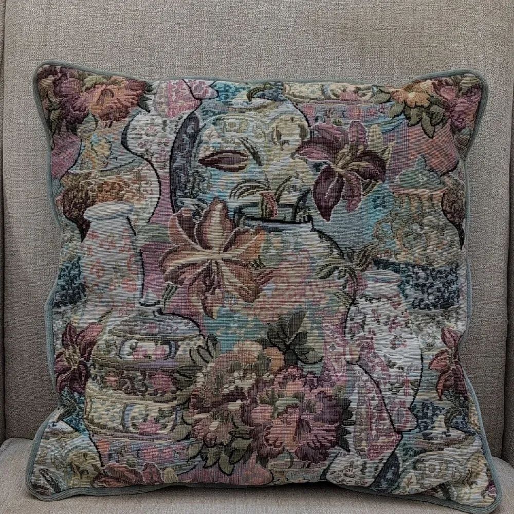 Vintage Ginger Jar Floral Tapestry Accent Pillow Velvet Backing